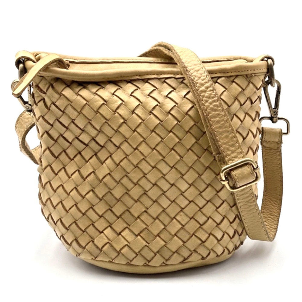Terenzia Cow Leather Woven Bucket Crossbody Bag - Made In Italy