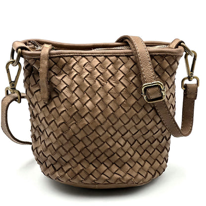 Terenzia Cow Leather Woven Bucket Crossbody Bag - Made In Italy