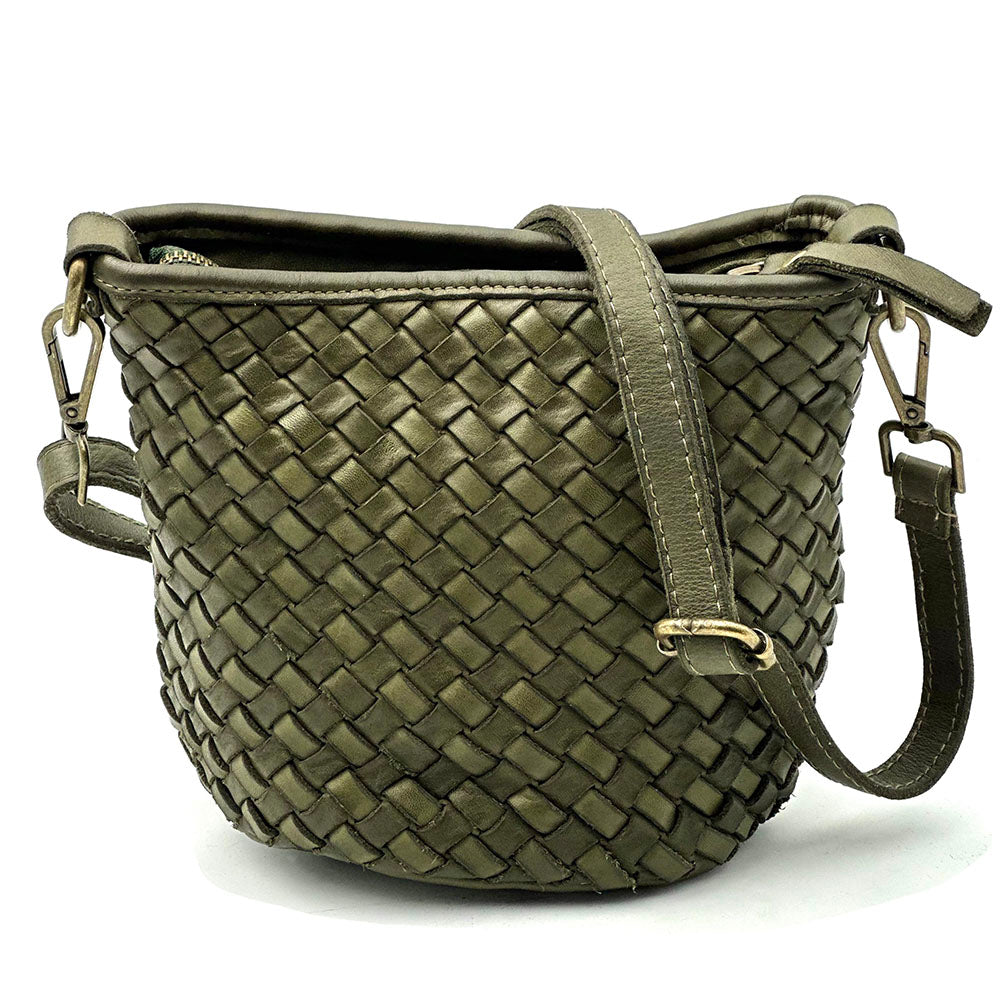 Terenzia Cow Leather Woven Bucket Crossbody Bag - Made In Italy