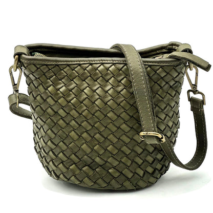 Terenzia Cow Leather Woven Bucket Crossbody Bag - Made In Italy