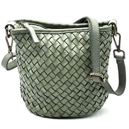 Terenzia Cow Leather Woven Bucket Crossbody Bag - Made In Italy