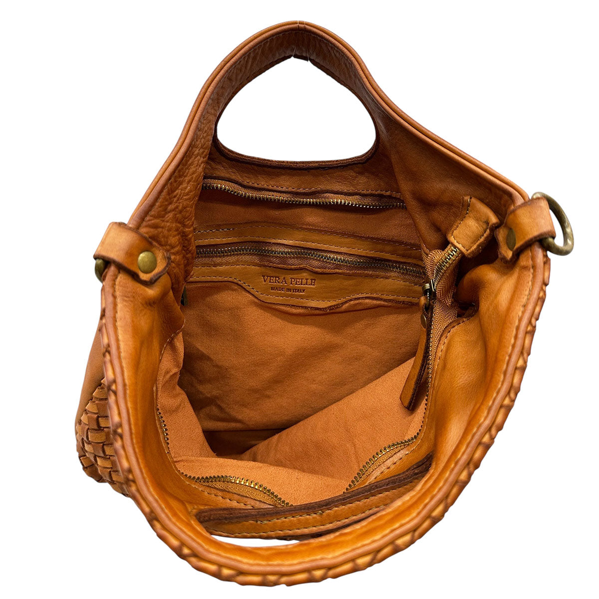Calista Convertible Woven Leather Cutout Handle Bag - Made In Italy
