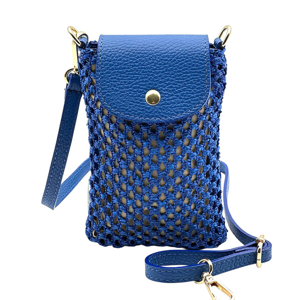 Cindy Handwoven Raffia and Italian Calfskin Phone Crossbody Bag - Made In Italy