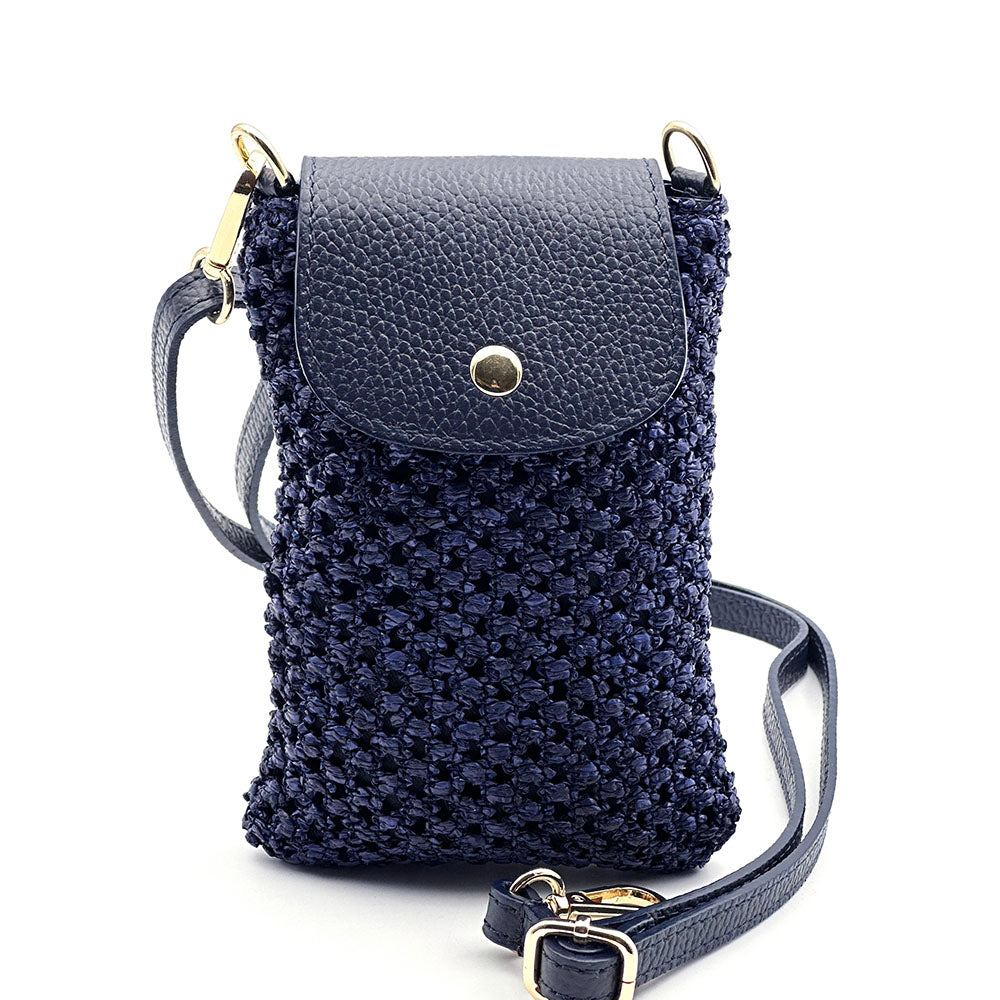 Cindy Handwoven Raffia and Italian Calfskin Phone Crossbody Bag - Made In Italy