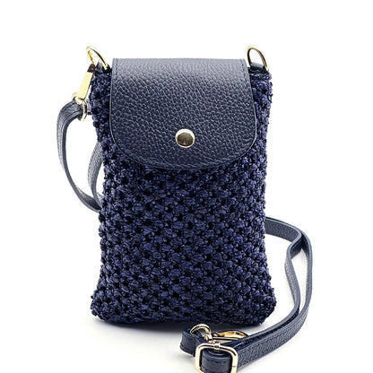Cindy Handwoven Raffia and Italian Calfskin Phone Crossbody Bag - Made In Italy