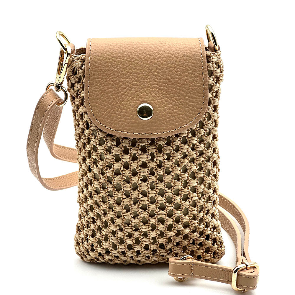 Cindy Handwoven Raffia and Italian Calfskin Phone Crossbody Bag - Made In Italy