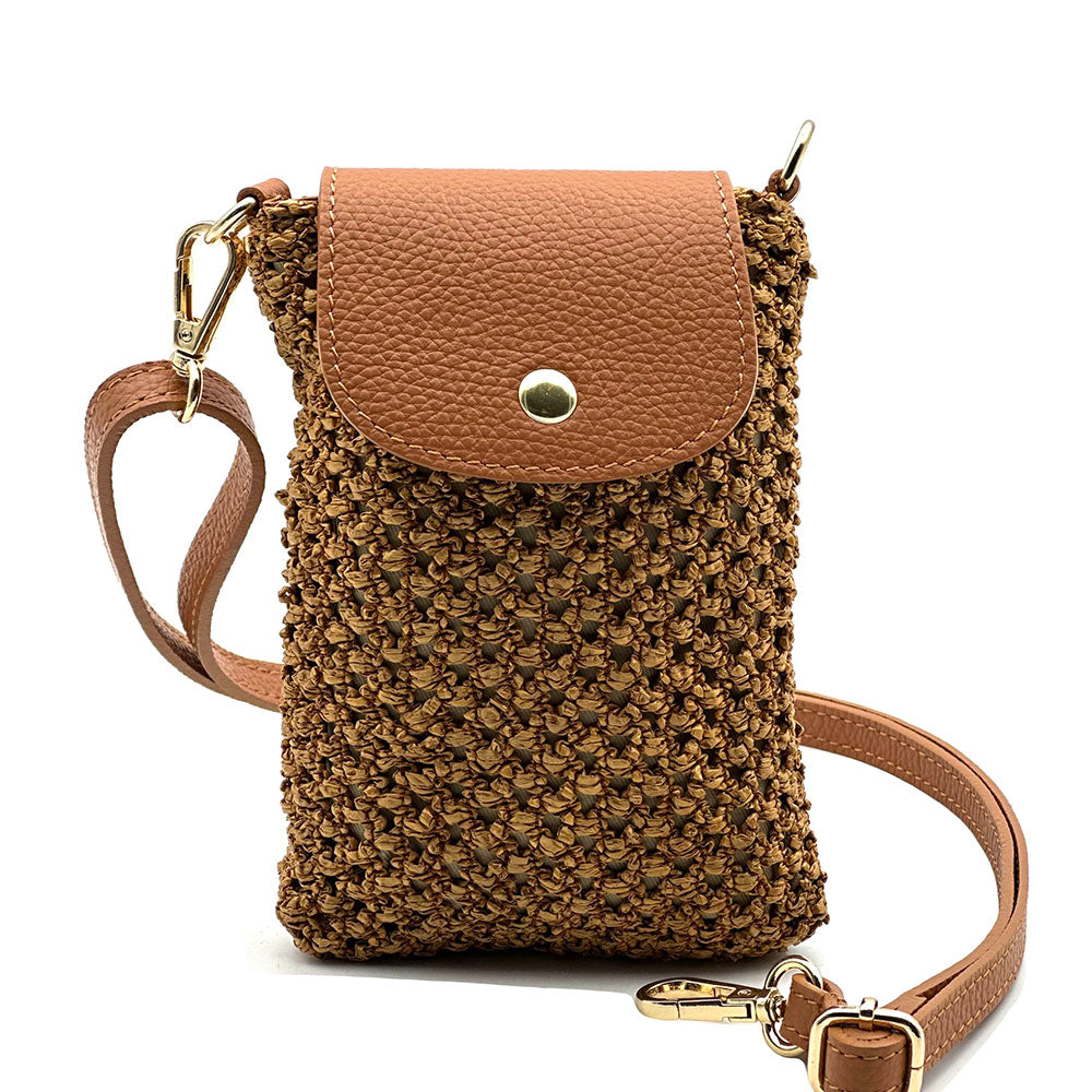 Cindy Handwoven Raffia and Italian Calfskin Phone Crossbody Bag - Made In Italy
