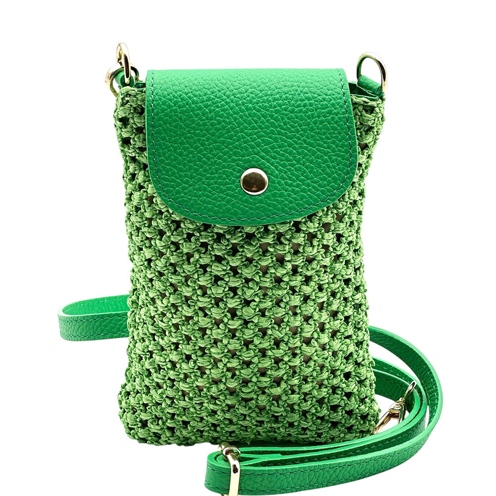Cindy Handwoven Raffia and Italian Calfskin Phone Crossbody Bag - Made In Italy