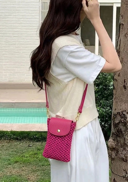 Cindy Handwoven Raffia and Italian Calfskin Phone Crossbody Bag - Made In Italy