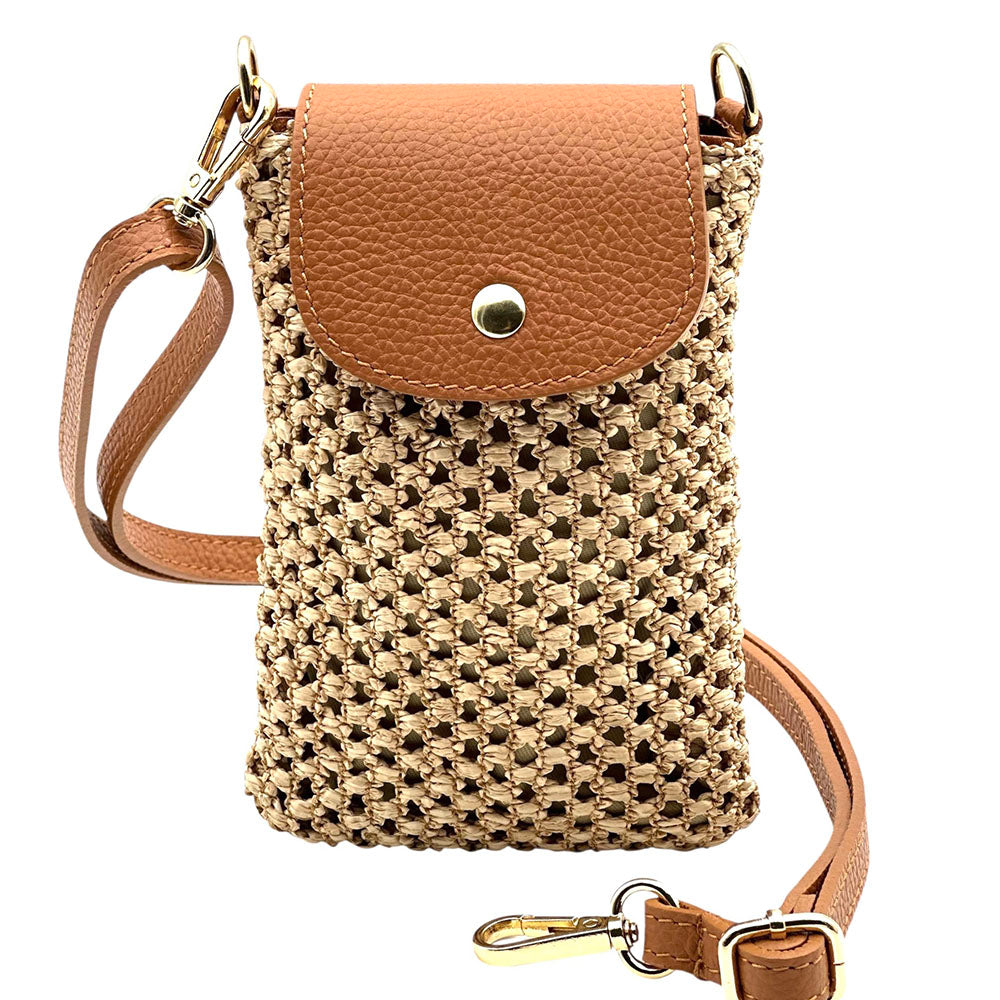 Cindy Handwoven Raffia and Italian Calfskin Phone Crossbody Bag - Made In Italy