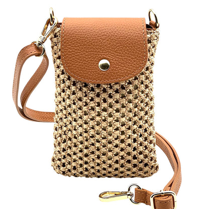 Cindy Handwoven Raffia and Italian Calfskin Phone Crossbody Bag - Made In Italy