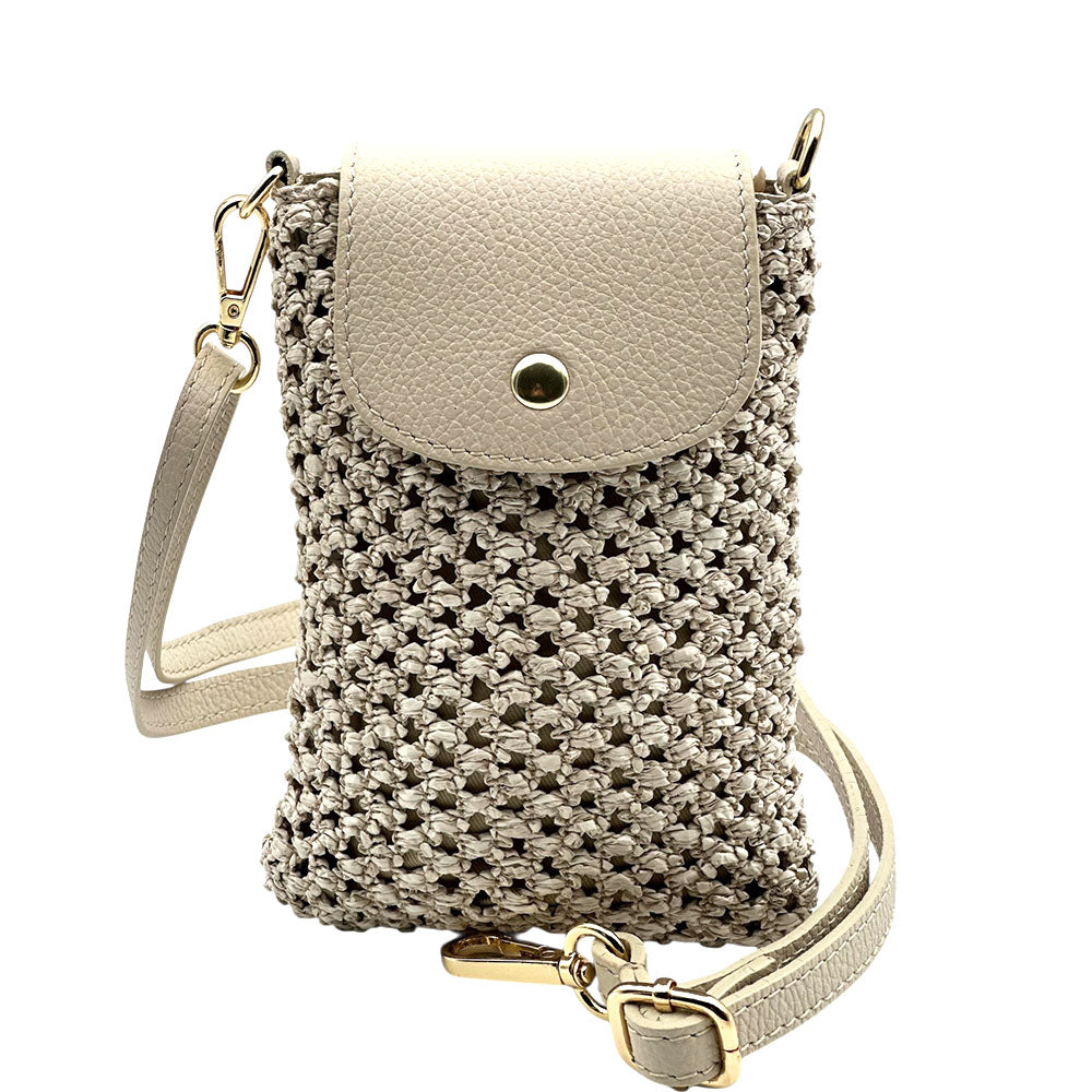 Cindy Handwoven Raffia and Italian Calfskin Phone Crossbody Bag - Made In Italy