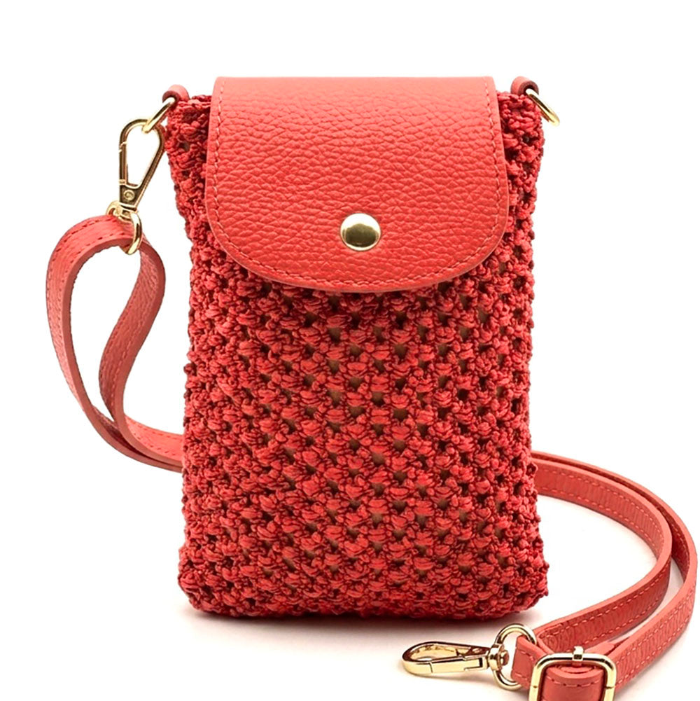 Cindy Handwoven Raffia and Italian Calfskin Phone Crossbody Bag - Made In Italy