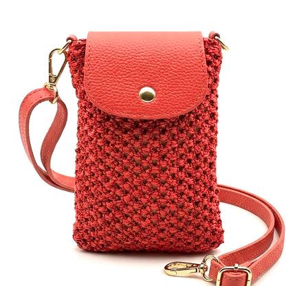 Cindy Handwoven Raffia and Italian Calfskin Phone Crossbody Bag - Made In Italy
