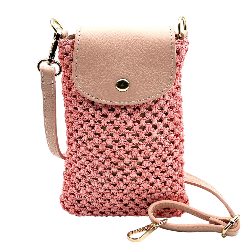 Cindy Handwoven Raffia and Italian Calfskin Phone Crossbody Bag - Made In Italy