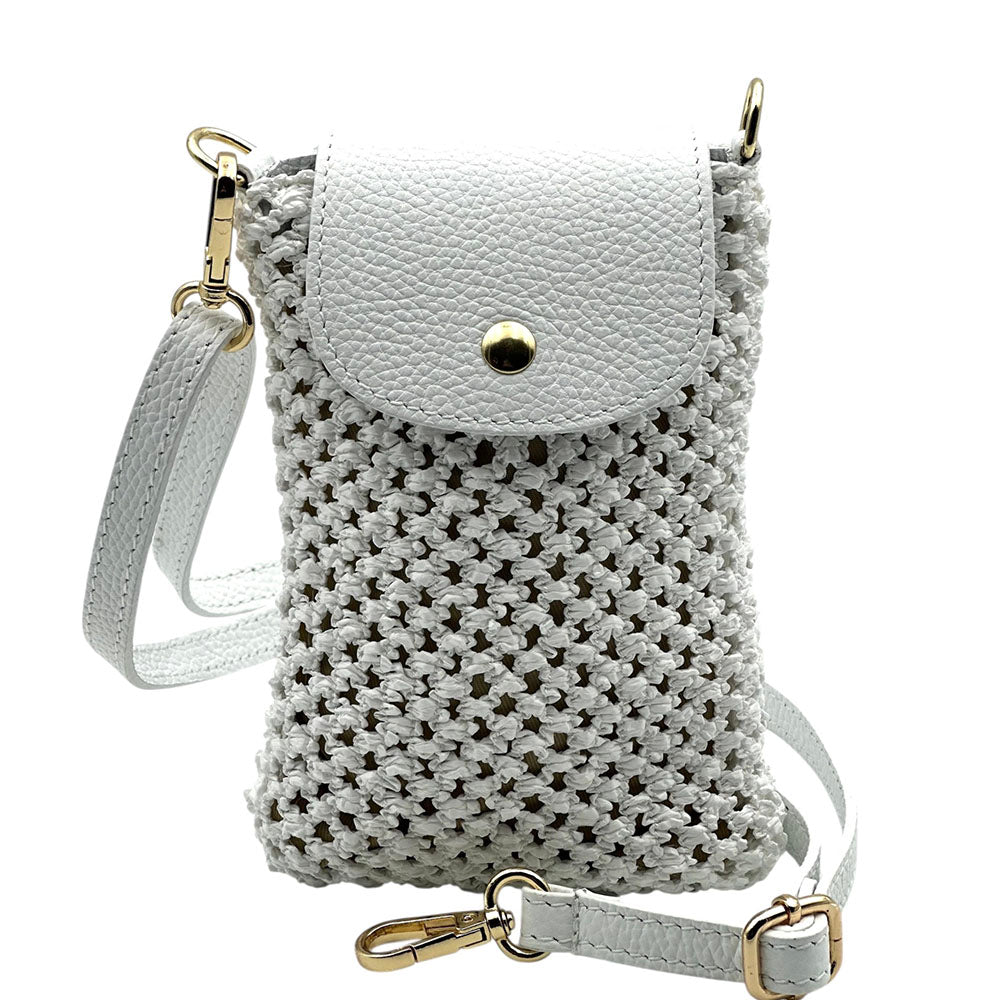 Cindy Handwoven Raffia and Italian Calfskin Phone Crossbody Bag - Made In Italy