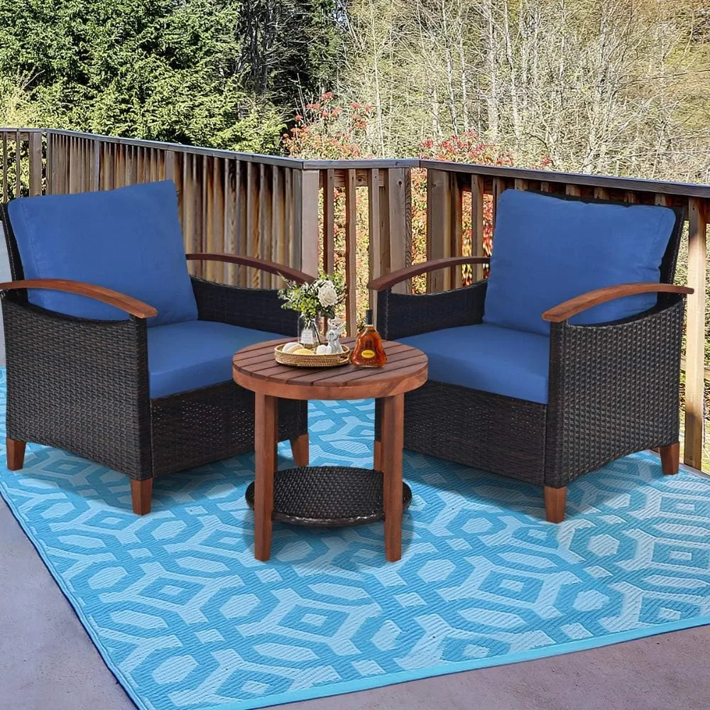 3 Pieces Rattan Furniture  Outdoor Patio Conversation Set Wicker Sofa Set with Cushion &amp; Acacia Wood Frame,Table &amp; Chairs