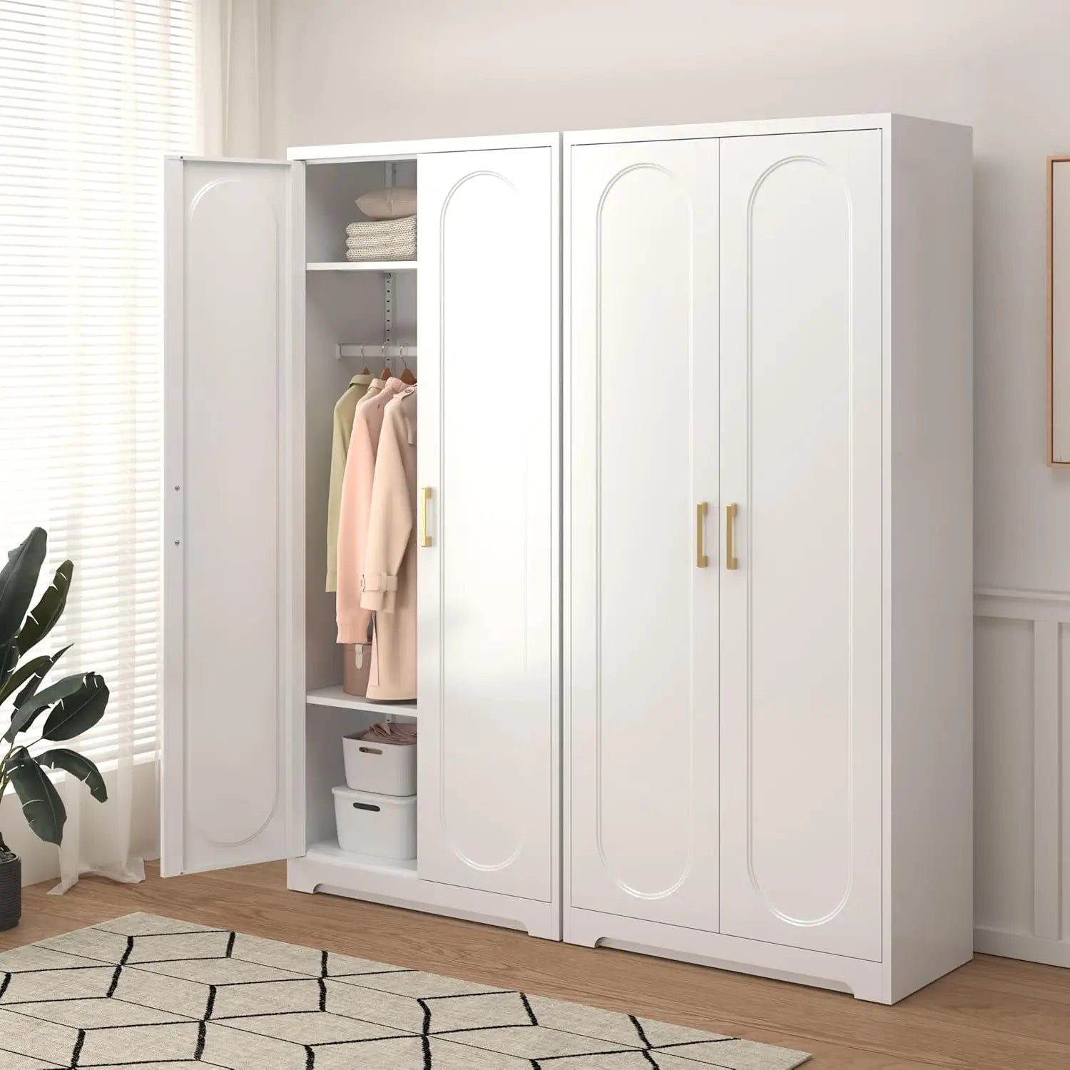 Metal Wardrobe Cabinets，Armoire Wardrobe Closet with Hanging Rod,Clothes Storage Cabinet with Adjustable Shelves and Doors, Clot