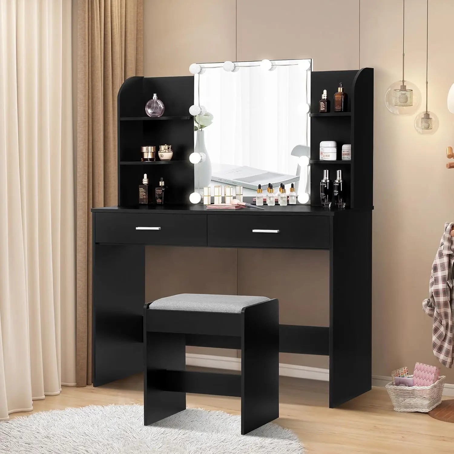 Makeup Vanity with Mirror &amp;10 LED Lights, Vanity Makeup Table Set with 2 Drawers
