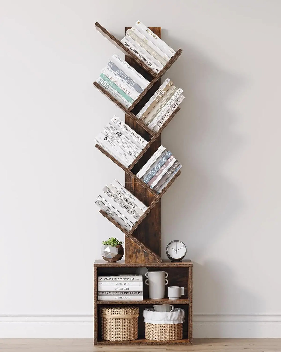 6 Tier Tree Bookshelf, Small Bookcase with Storage Cabinet, Modern Tall Narrow Bookshelves Organizer, Floor Standing Book Shelf