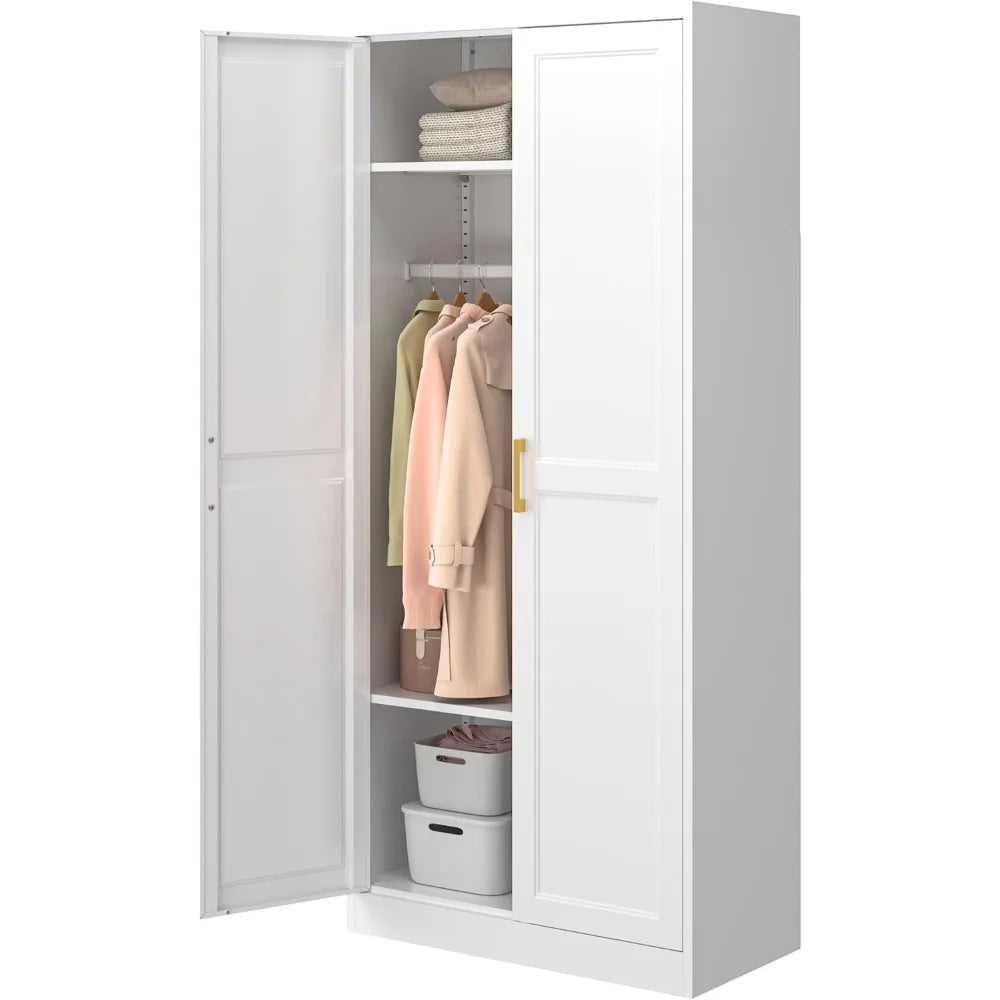Metal Wardrobe Cabinets，Armoire Wardrobe Closet with Hanging Rod,Clothes Storage Cabinet with Adjustable Shelves and Doors, Clot