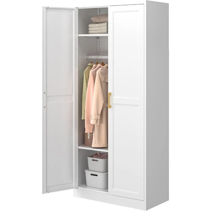 Metal Wardrobe Cabinets，Armoire Wardrobe Closet with Hanging Rod,Clothes Storage Cabinet with Adjustable Shelves and Doors, Clot