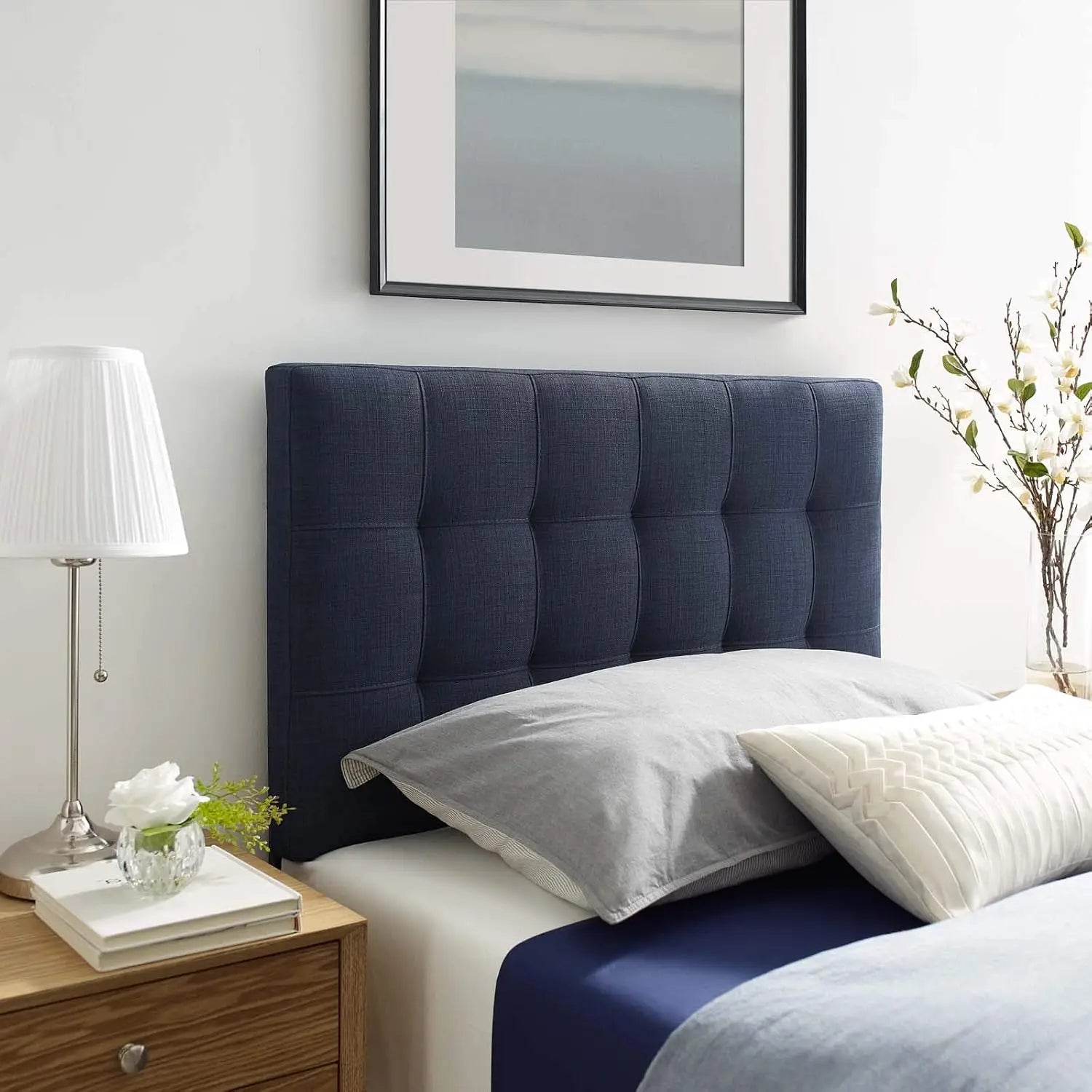 Lily Tufted Linen Fabric Upholstered Twin Headboard in Navy