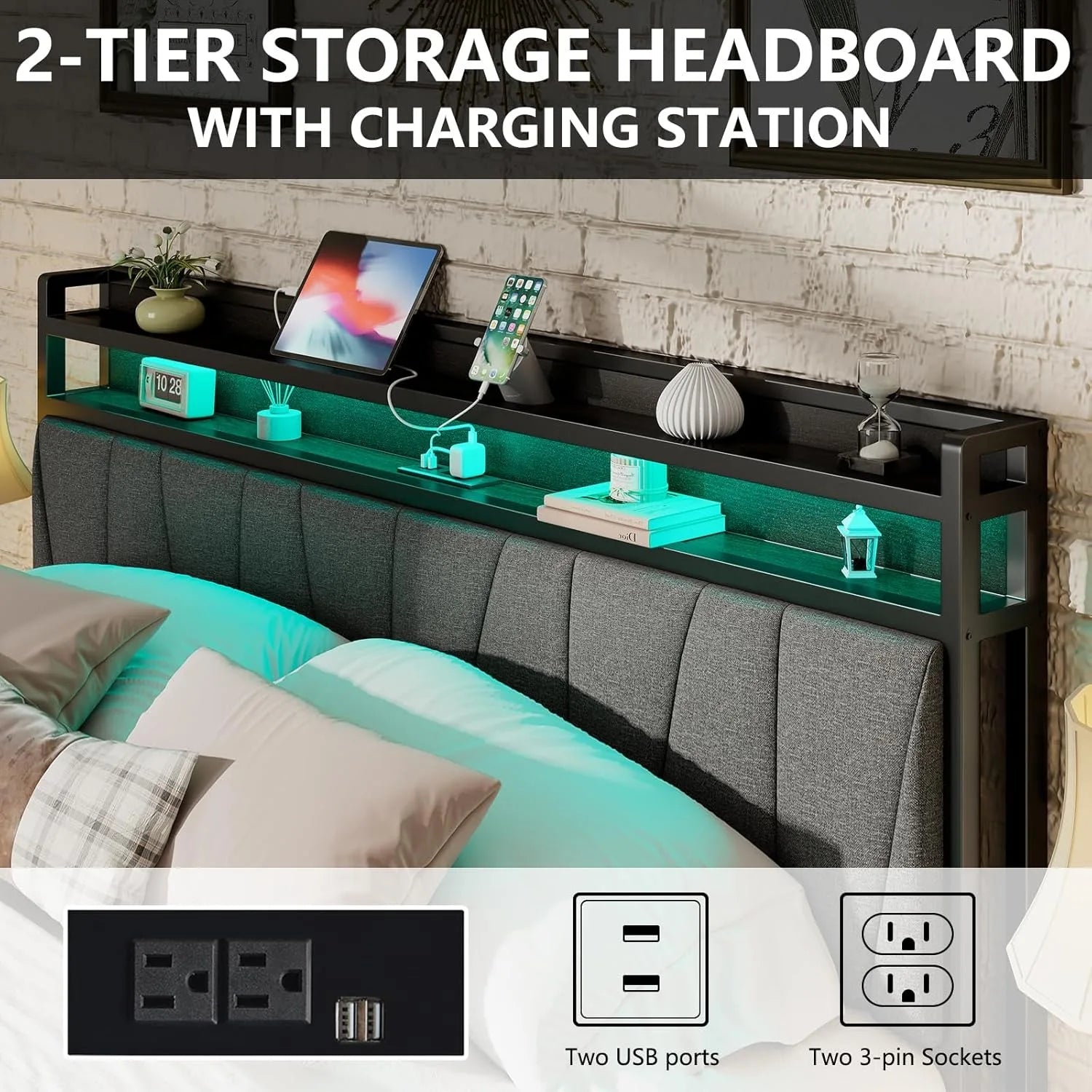 Queen Size Bed Frame with RGBW LED Lights &amp; Charging Station, Upholstered Headboard with 2-Tier Storage, Stable Metal Platform