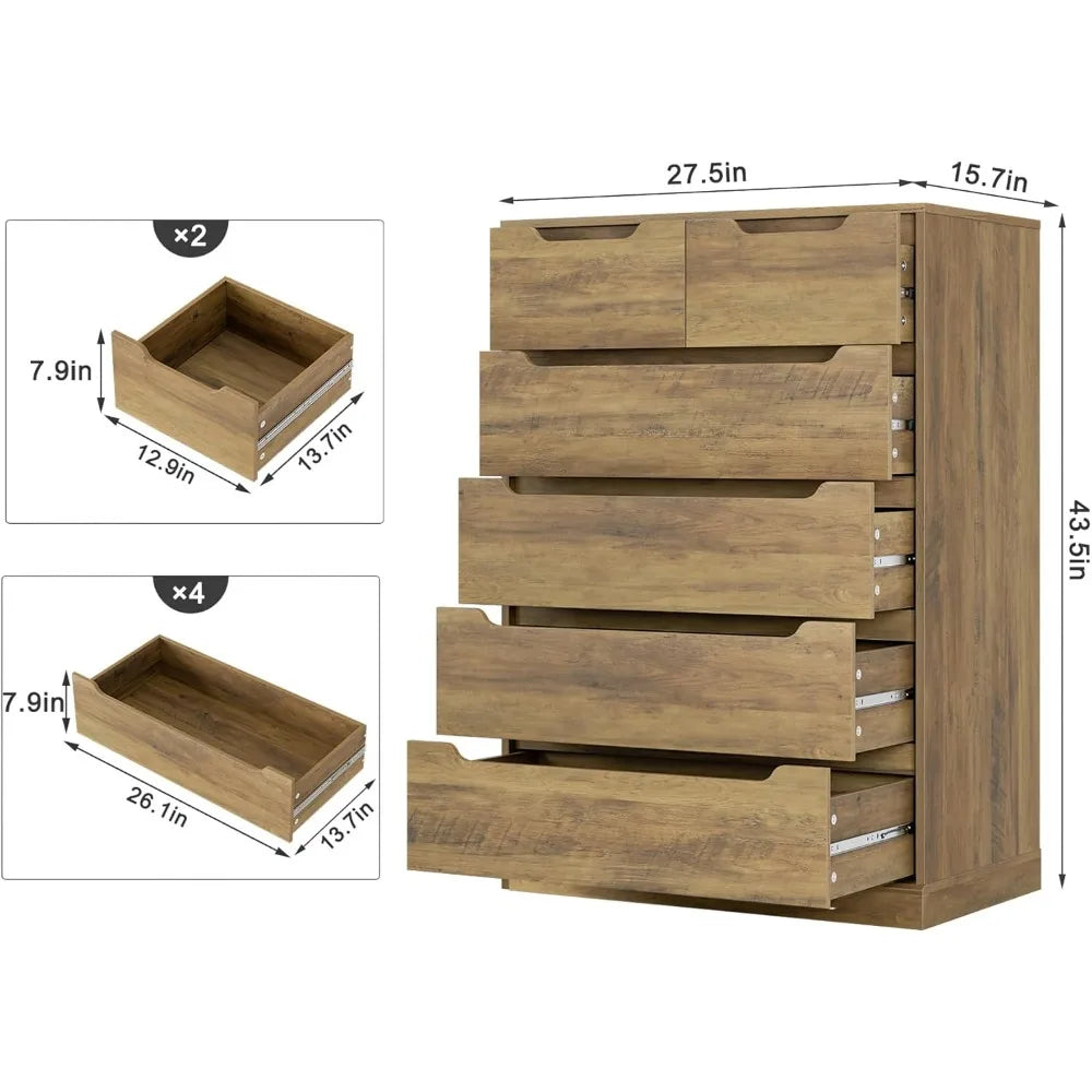 Modern 6 Drawer Dresser for Bedroom, Tall Chest of Drawers with Storage, Large Wood Storage Chest Organizers