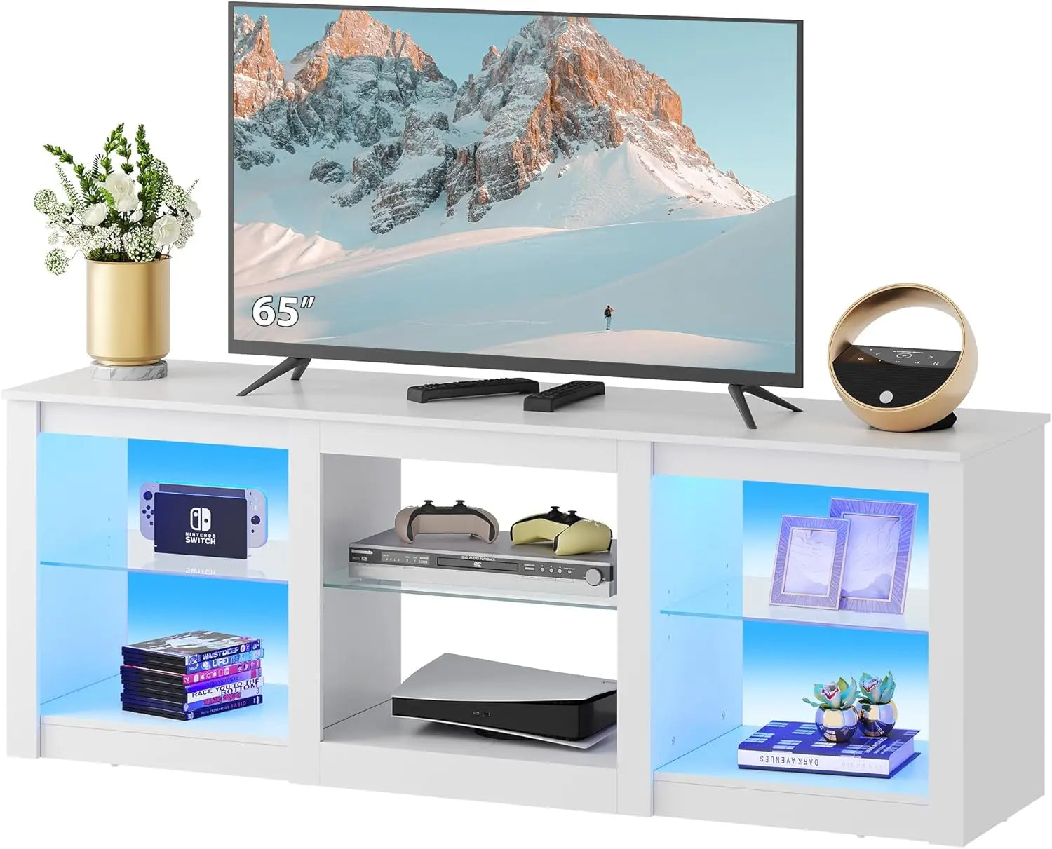 LED TV Stand for 65-Inch TV, 58-Inch Entertainment Center with Adjustable Glass Shelves, Modern Media Console