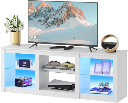 LED TV Stand for 65-Inch TV, 58-Inch Entertainment Center with Adjustable Glass Shelves, Modern Media Console