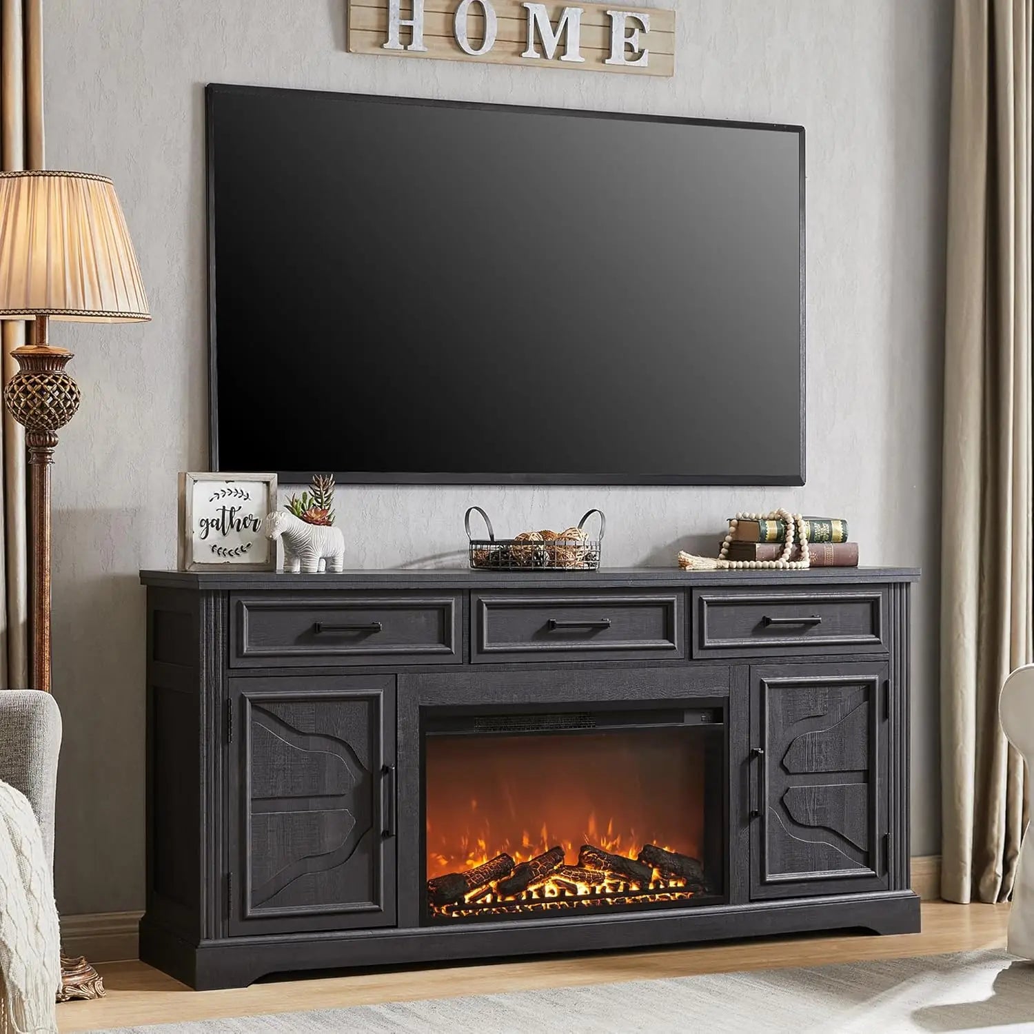 Farmhouse Fireplace TV Stand for Up to 80 Inch TV, Entertainment Center with 30&quot; Electric Fireplace for 65 75 Inch TV, 70&quot;