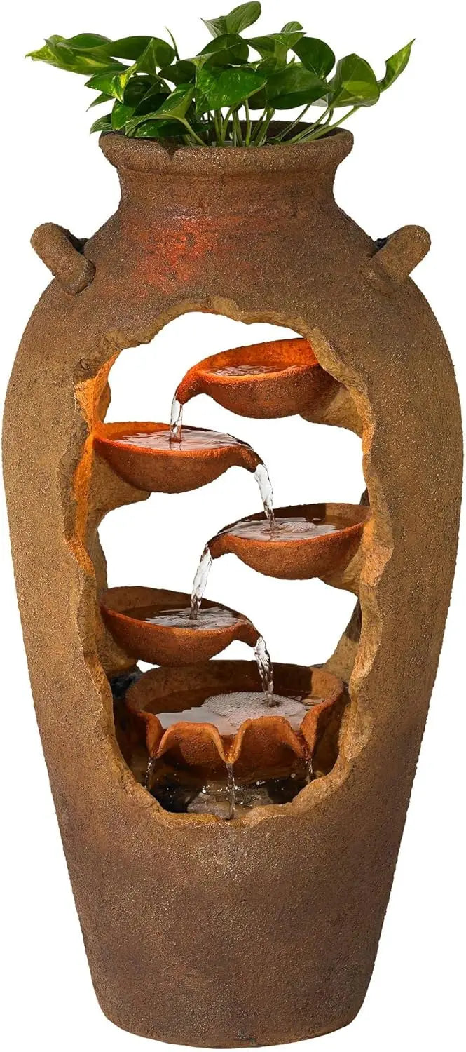 Cascade Rustic Outdoor Floor Urn Waterfalls Fountain 33&quot; High with LED Light and Planter Decor