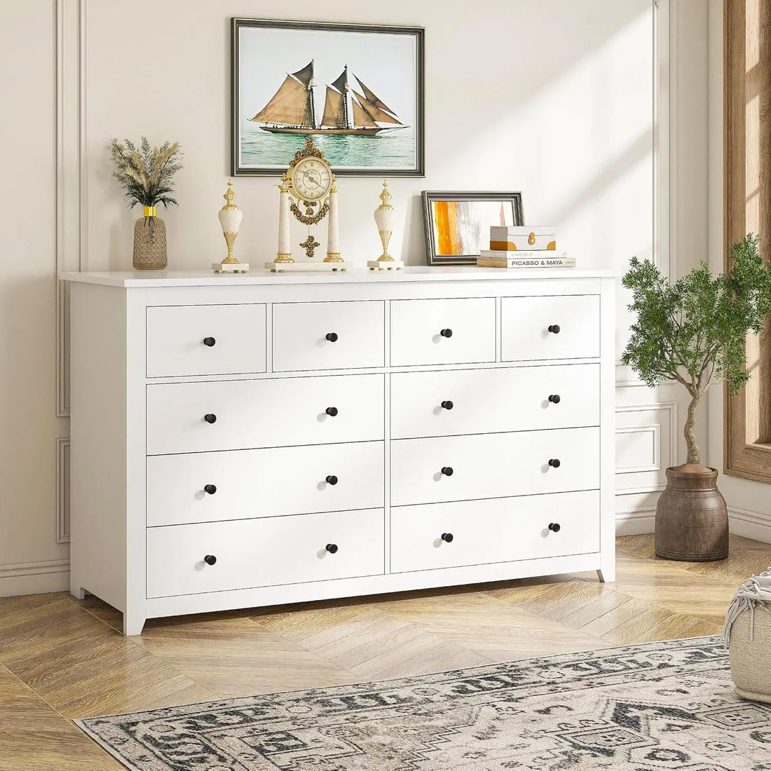 White Dresser, Dresser for Bedroom with 10 Wood Drawers Dressers &amp; Chests of Drawers with Smooth Metal Rail, Wide Storag