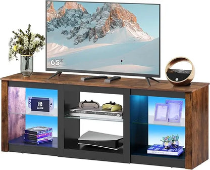 LED TV Stand for 65-Inch TV, 58-Inch Entertainment Center with Adjustable Glass Shelves, Modern Media Console