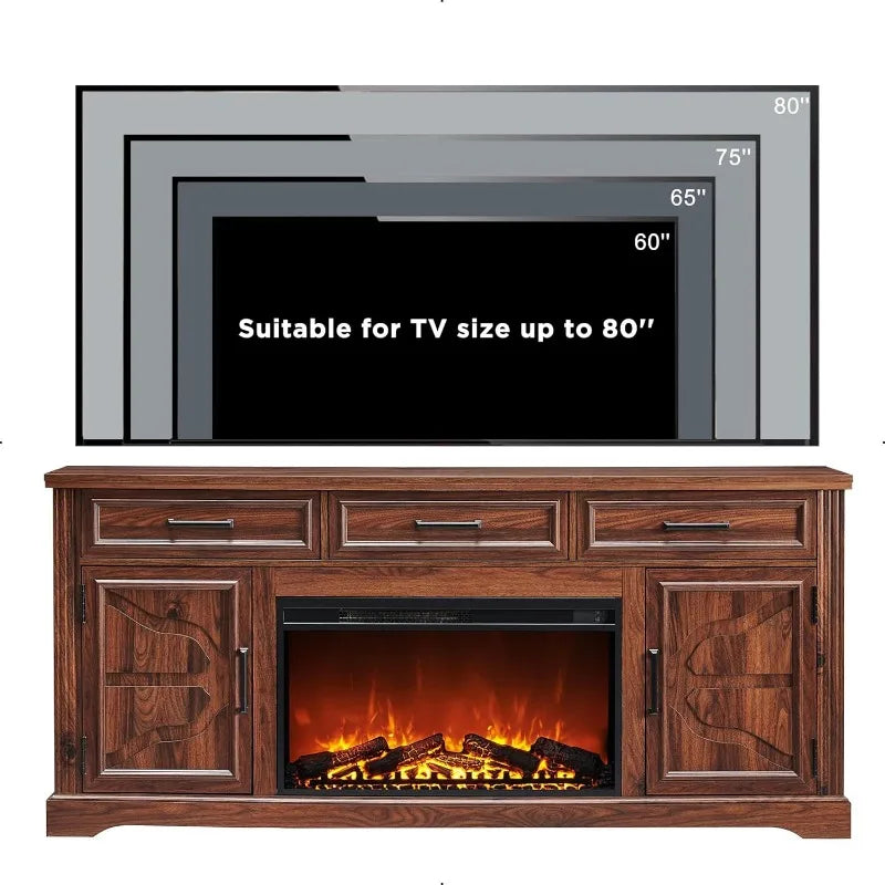 Farmhouse Fireplace TV Stand for Up to 80 Inch TV, Entertainment Center with 30&quot; Electric Fireplace for 65 75 Inch TV, 70&quot;