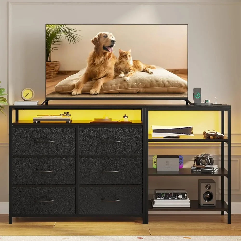 Entertainment Center with Power Outlets and LED Lights, with Open Shelf, Drawers with PU Finish