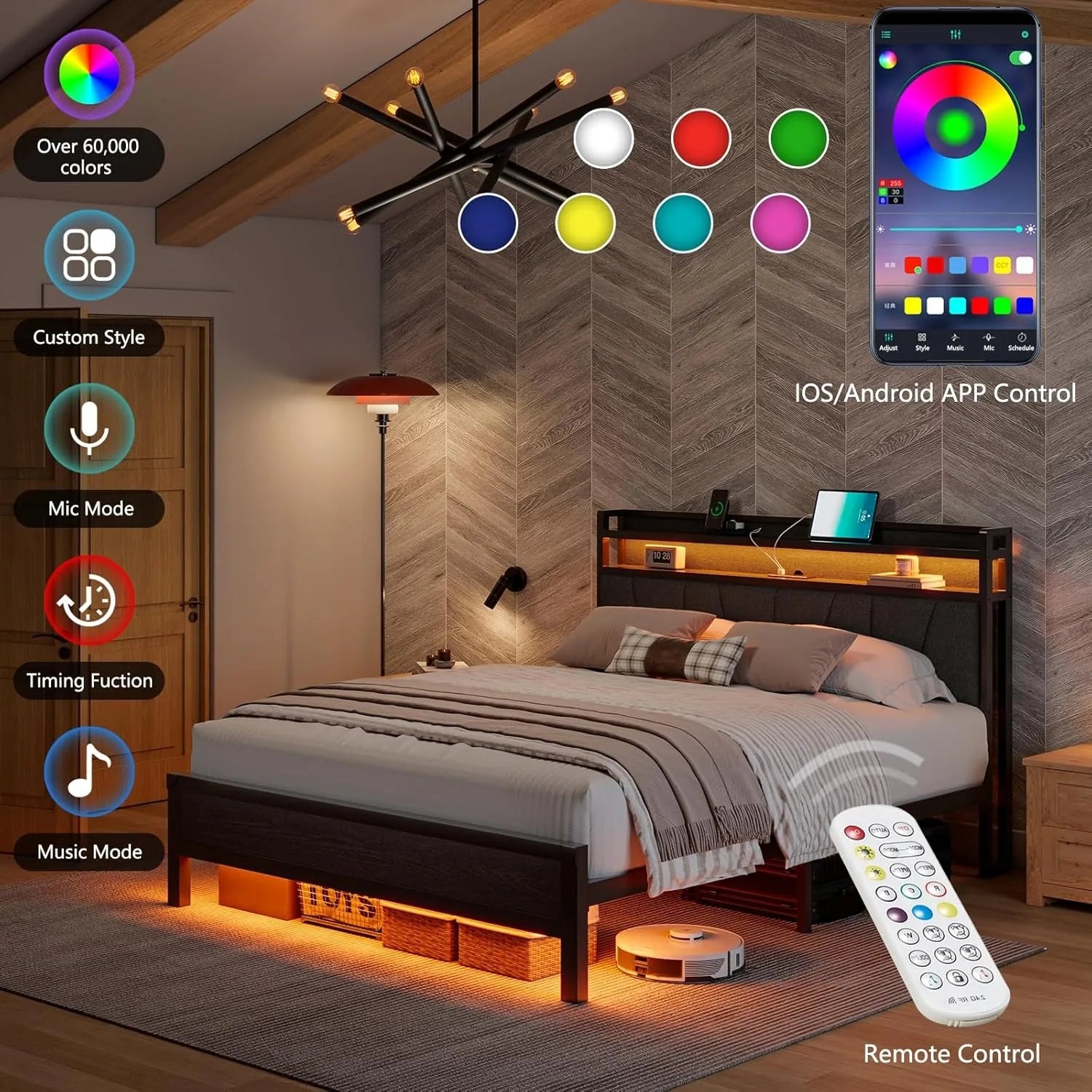 Queen Size Bed Frame with RGBW LED Lights &amp; Charging Station, Upholstered Headboard with 2-Tier Storage, Stable Metal Platform