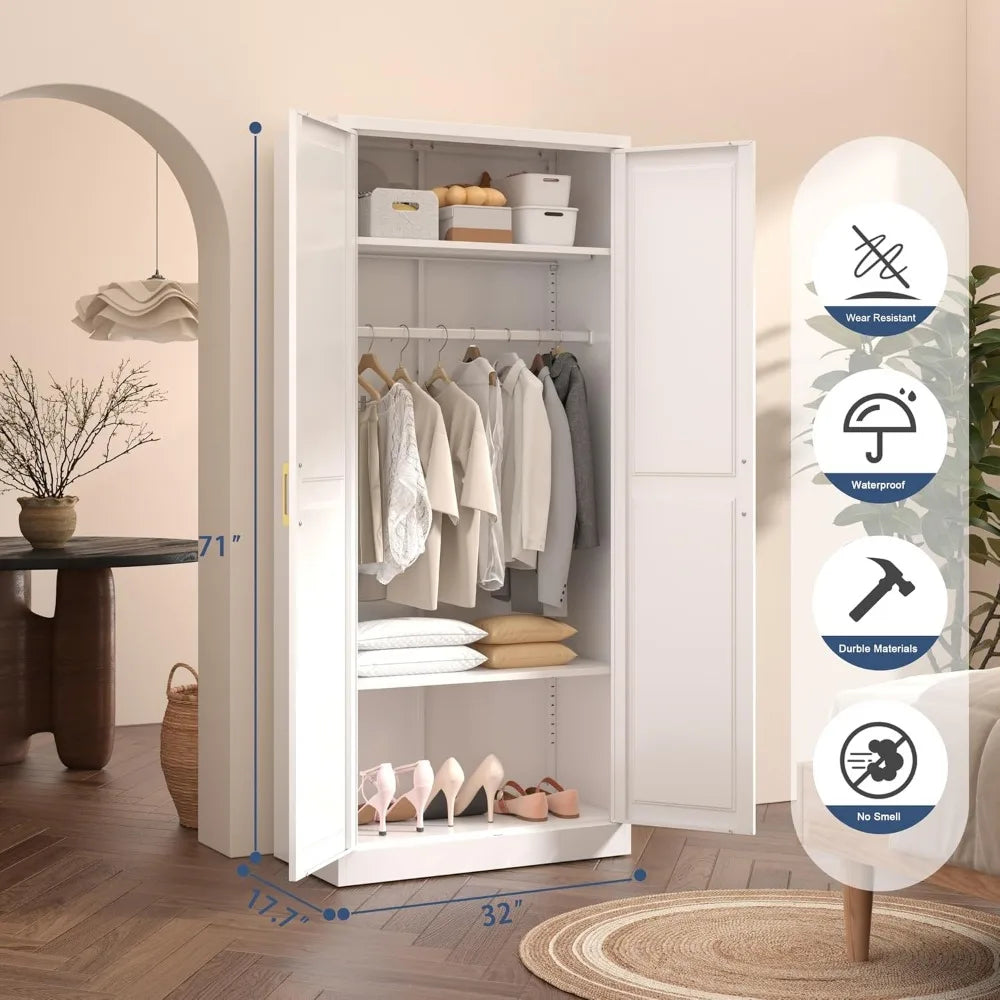 Metal Wardrobe Cabinets，Armoire Wardrobe Closet with Hanging Rod,Clothes Storage Cabinet with Adjustable Shelves and Doors, Clot
