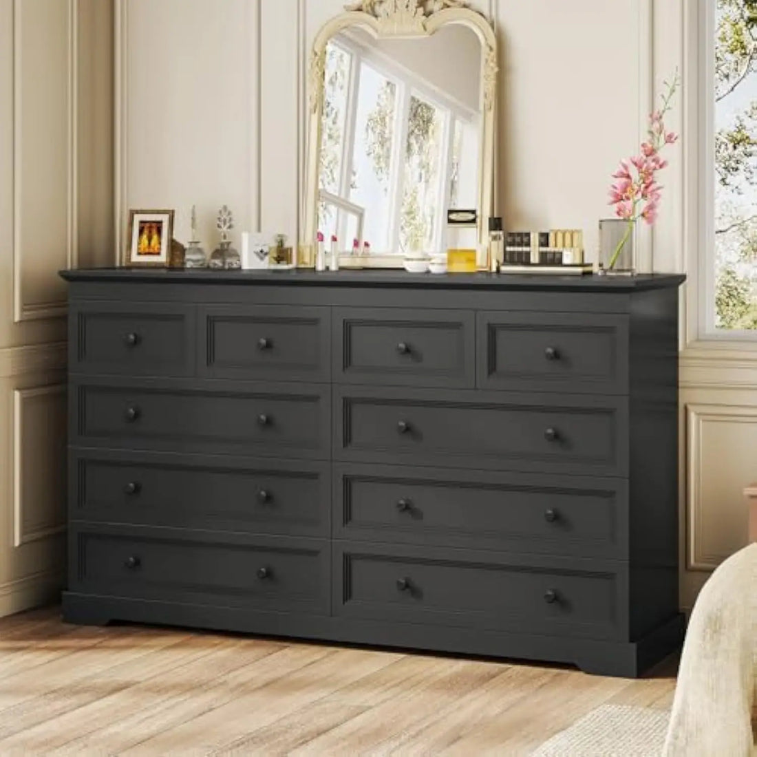 10 Drawers Dresser, Black Large Chest of Drawers, 55 Long Tv Stand Dresser, Wide Dresser for Bedroom, Living Room