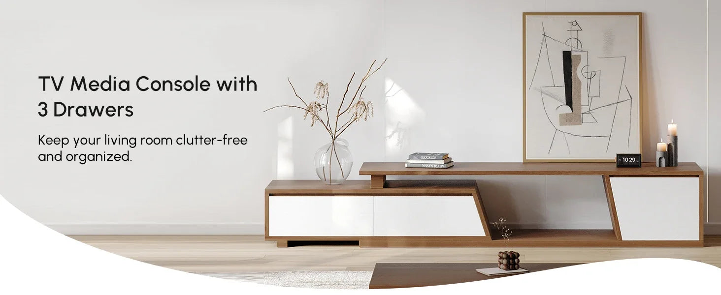 Extendable TV Stand with Stroage Minimalist Rectangle Entertainment Center White (Extendable: 70.9”W-110.2”W)