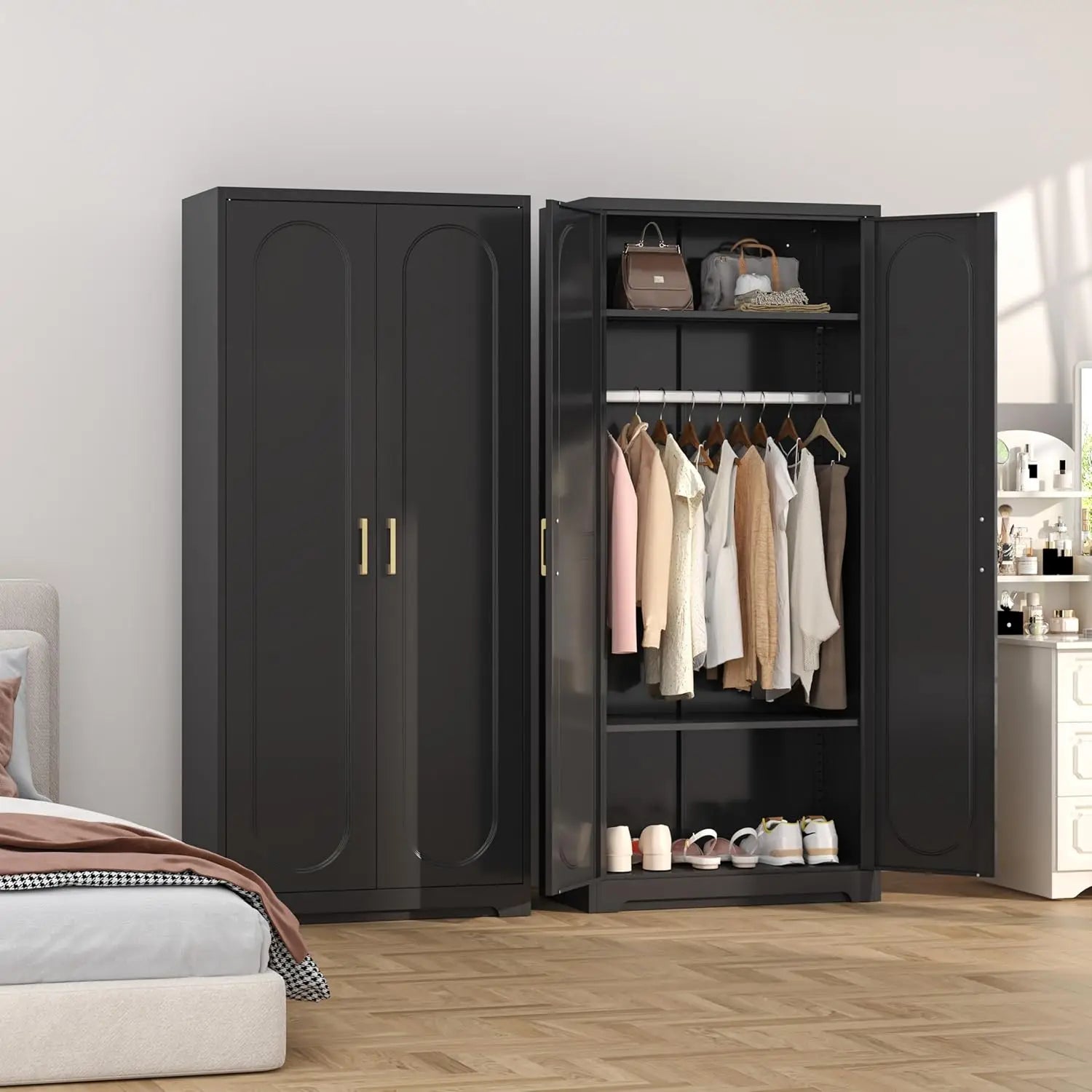 Metal Wardrobe Cabinets，Armoire Wardrobe Closet with Hanging Rod,Clothes Storage Cabinet with Adjustable Shelves and Doors, Clot