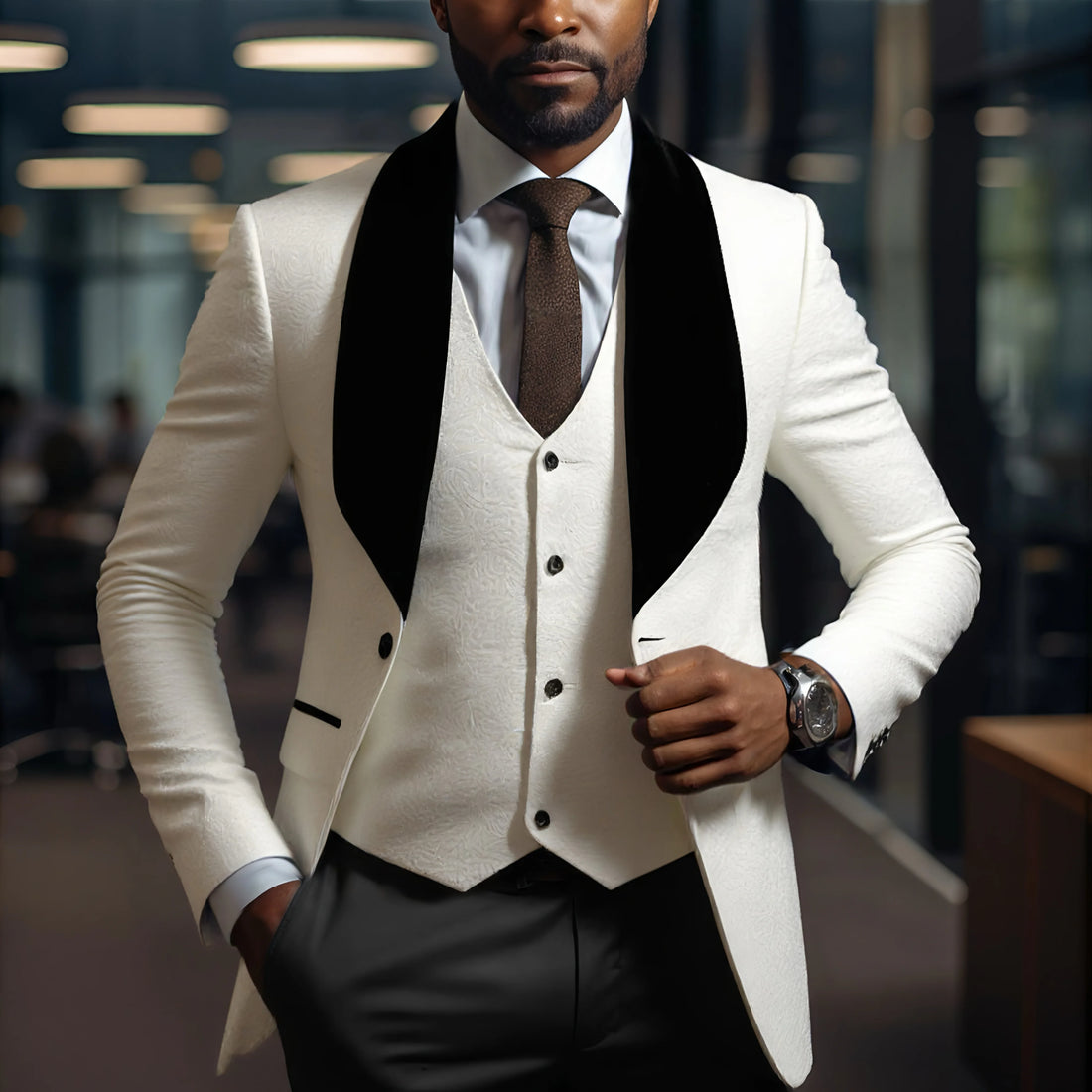 Mens 3 Piece Floral Tuxedo, Jacquard Slim Suit Set, Paisley Blazer Vest And Pants For Prom Wedding