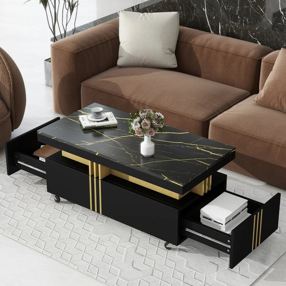 Contemporary Coffee Table with Faux Marble Top, Rectangle Cocktail Table with Caster Wheels, Moderate