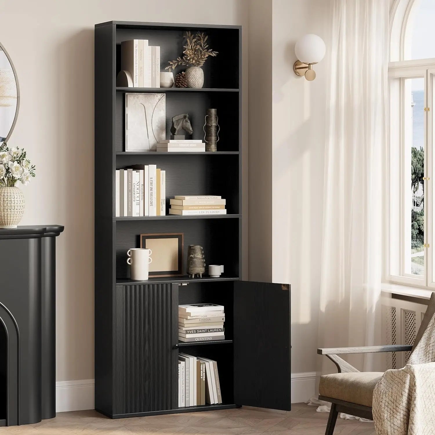Bookcases and Bookshelves, Bookshelf with Doors and Storage, Industrial Tall Book Shelf for Living Room, Home Office