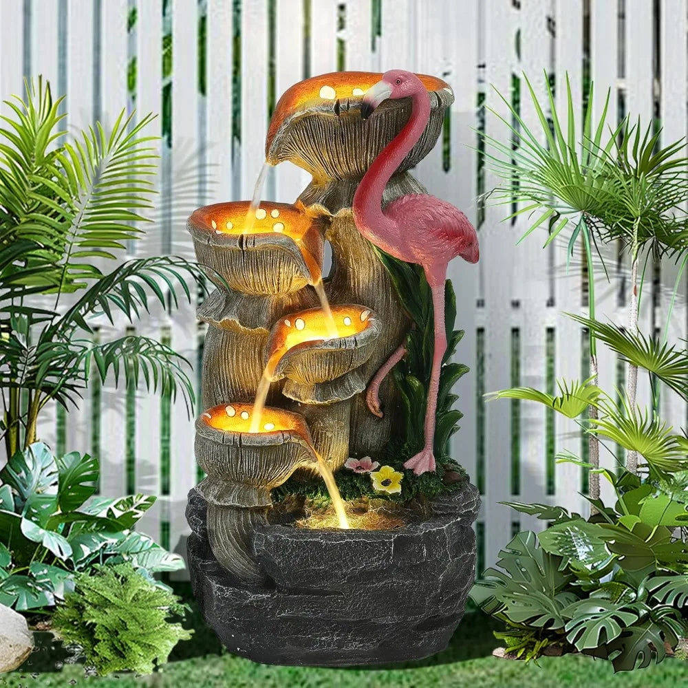 Outdoor Water Fountain - 5 Tier Floor-Standing Cascading Garden Fountain, 25&quot; H Indoor/Outdoor Flamingos Water Fountain