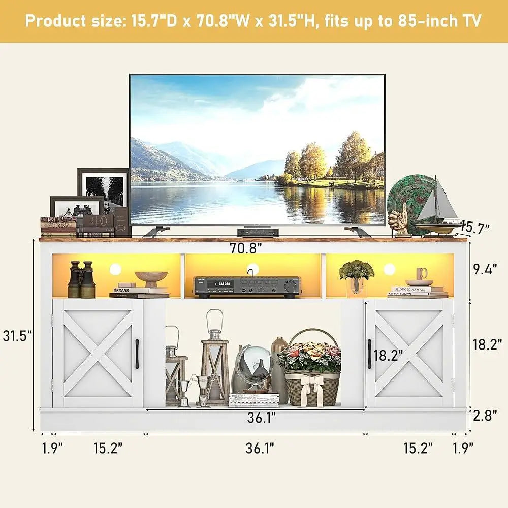 Farmhouse TV Stand 70 75 80 Inch TVs Entertainment Center with LED Light Adjustable Shelves Barn Door Media Console Storage