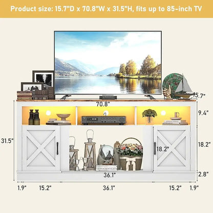 Farmhouse TV Stand 70 75 80 Inch TVs Entertainment Center with LED Light Adjustable Shelves Barn Door Media Console Storage
