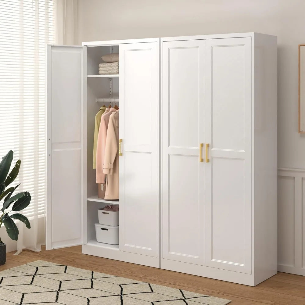 Metal Wardrobe Cabinets，Armoire Wardrobe Closet with Hanging Rod,Clothes Storage Cabinet with Adjustable Shelves and Doors, Clot