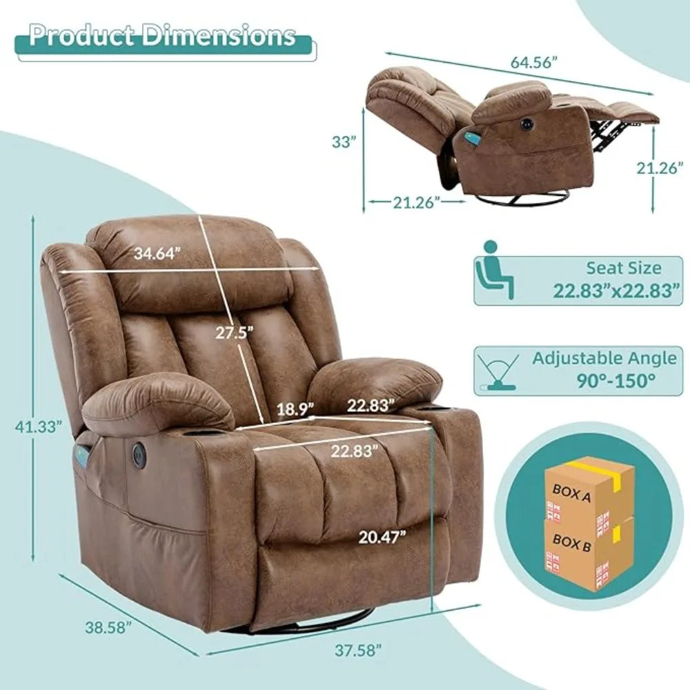 Massage Swivel Rocker Recliner with Heat and Vibration, Manual Glider 360°Swivel Lounge Reclining Chair